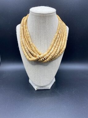 KENNETH JAY LANE Saint Lucia Necklace Wood Beads Multistrand Gold Signed Clasp